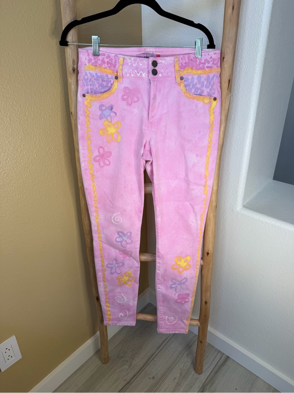 CAbi Pink Floral Skinny Jeans with Yellow Accents